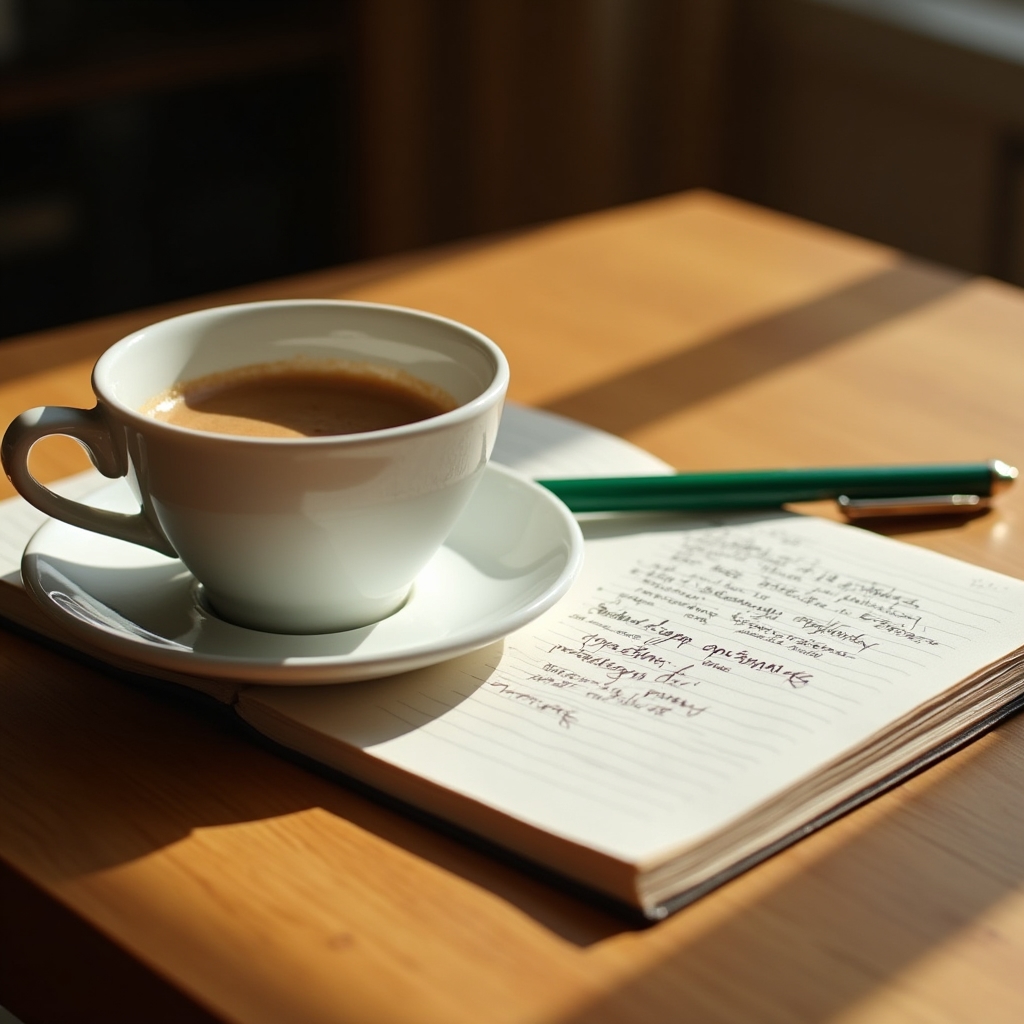 Close-up detail of a coffee cup and open notepad on a warm wooden desk in the editorial office