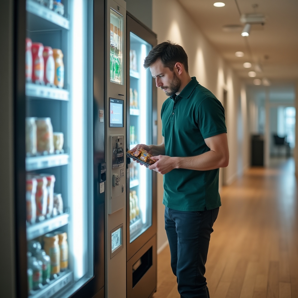 Vending machine operator restocking products in a Polish office building