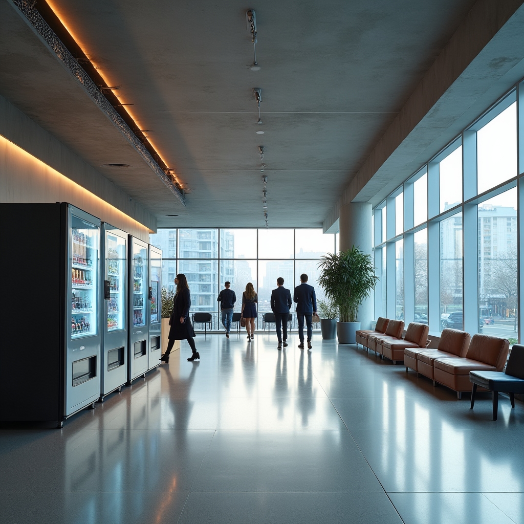 Modern office building lobby in Warsaw with vending machine placement area