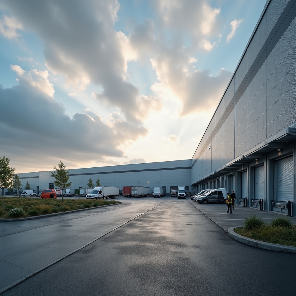 Large logistics warehouse exterior in Wroclaw region with loading docks and worker areas suitable for vending operations